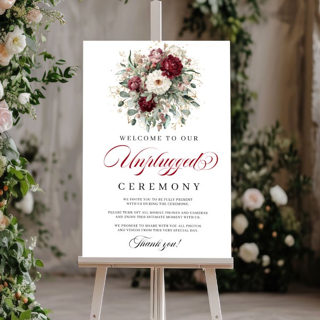 Rustik rosabrännvin Avstängd Ceremoni-skylt Poster (Rustic Blush Burgundy Unplugged Ceremony Sign)