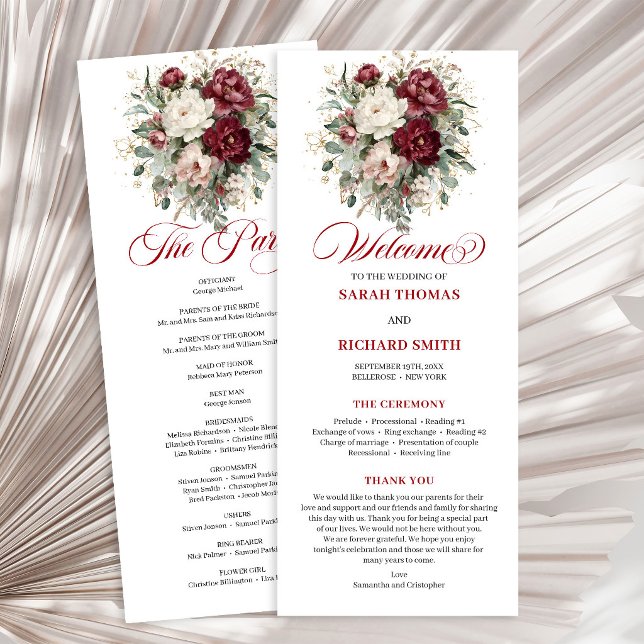 Rustik rosabrännvin grönska bröllopsprogram program (Rustic Blush Burgundy Greenery Wedding Program)