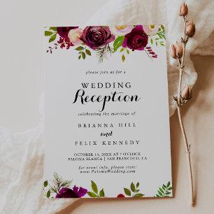 Rustik rosabrännvin röd blomsterbröllopsreception inbjudningar