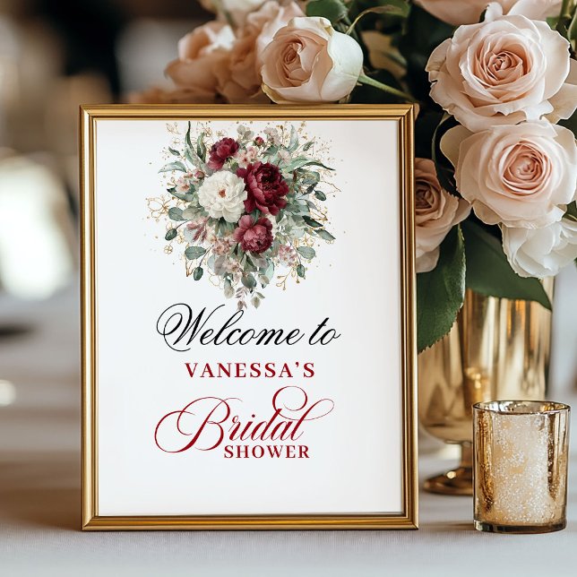 Rustik rosabrännvin röd bröllopsfest välkomstskylt poster (Rustic Blush Burgundy Bridal Shower Welcome Sign)
