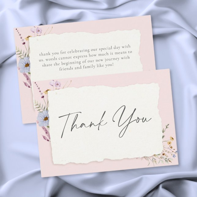 Rustik rosabrölloppsbukett med vilda blommor tack kort (Rustic Blush Pink Romantic Wildflower Wedding Thank You Card)