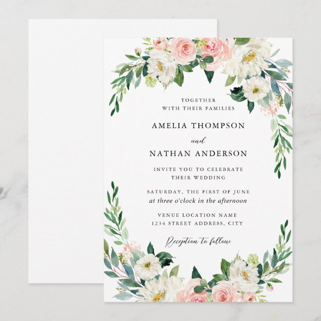 Rustik rosabröllopsblomsterbåge inbjudningar (Fram/baksida)