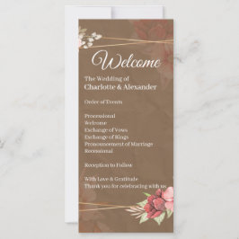 Rustik rosabröllopsprogram med blommor
