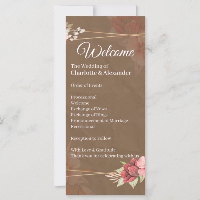 Rustik rosabröllopsprogram med blommor (Framsida)