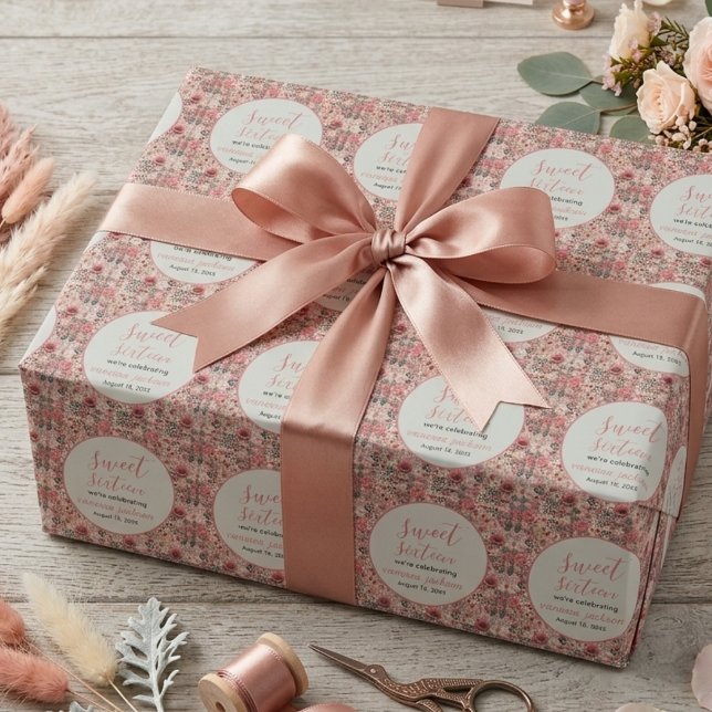 Rustik rosafärgad blommig roseguld sweet sixteen presentpapper (Rustic blush pink floral rose gold sweet sixteen wrapping paper)