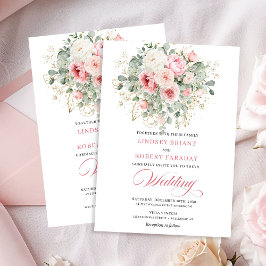 Rustik rosé peony grönska guld bröllopsinbjudan inbjudningar