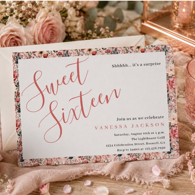 Rustik roséblommig i rosa och roséguld för sweet s inbjudningar (Rustic blush pink floral rose gold sweet sixteen invitation)