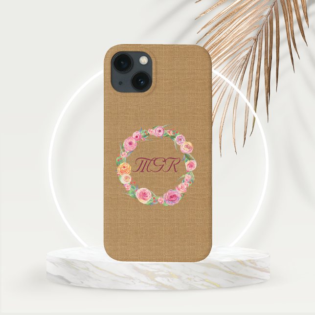 Rustik rosenkrans monogram på jute (Pastel Rose Wreath with Monogram set on a Burlap Background Phone Case)