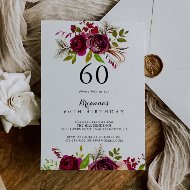 Rustik rosenskär burgunderröd blomstermotiv 60-års inbjudningar (Skapare uppladdad)