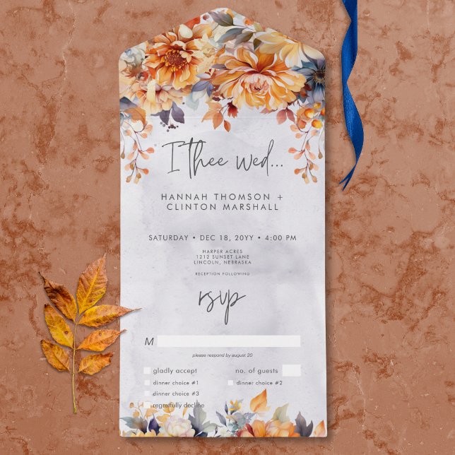 Rustik Rost & Marinblå Höstblomster Middag (Rustic Rust & Navy Fall Floral Dinner All In One Invitation)