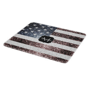 Rustik Rött vitt blått Sparkles USA flagga Monogra