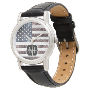 Rustik Rött vitt blått Sparkles USA flagga Monogra Armbandsur