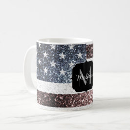 Rustik Rött vitt blått Sparkles USA flagga Monogra Kaffemugg