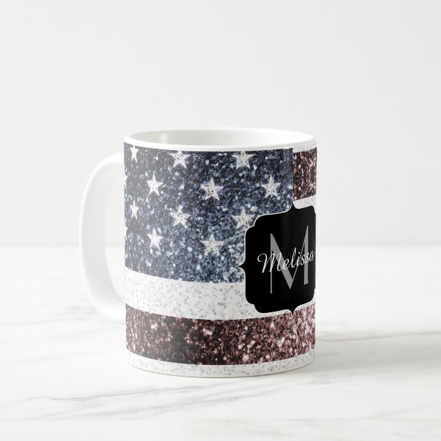 Rustik Rött vitt blått Sparkles USA flagga Monogra Kaffemugg (Framsida vänster)