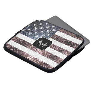 Rustik Rött vitt blått Sparkles USA flagga Monogra Laptop Fodral