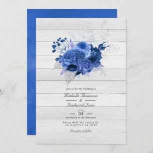 Rustik Royal Blue & Silver Blommigt QR-kod Bröllop Inbjudningar