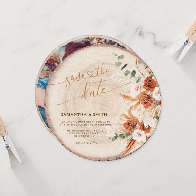 Rustik Runt träklipp Klipp ut spannmål Spara datum Inbjudningar (Fram/Back In Situ)