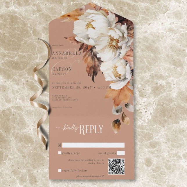 Rustik Rust & Cream Fall Blommigt & Lövs QR-kod (Rustic Rust & Cream Fall Floral & Leaves QR Code All In One Invitation)