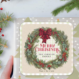 Rustik Rutig Krans Familjenamn Jul Fyrkantigt Klistermärke