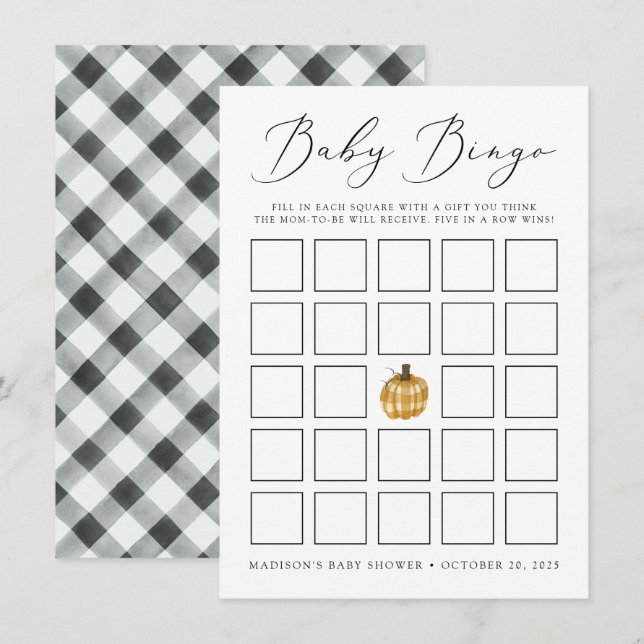 Rustik Rutig Pumpa Bebis Shower Bingo Kort (Fram/baksida)
