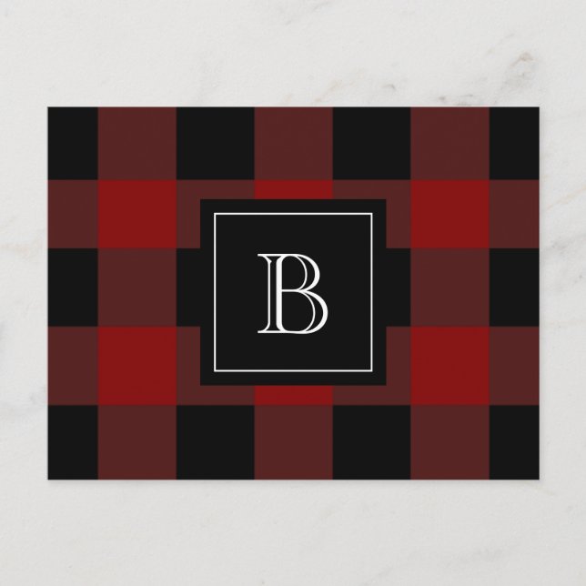 Rustik rutig skogshuggarmonogram initial röd svart vykort (Framsida)