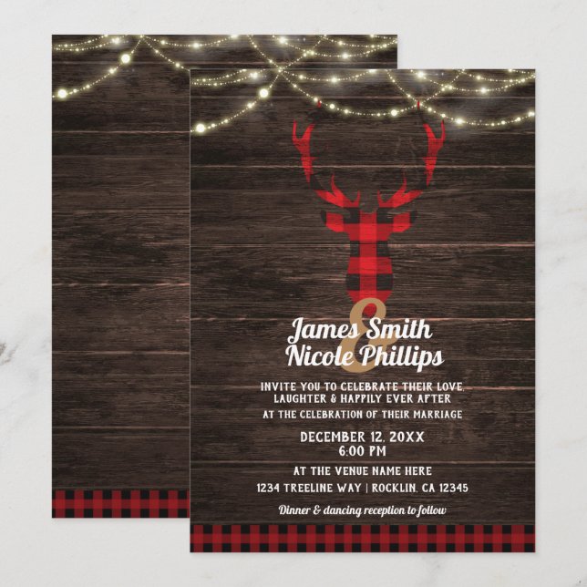 Rustik Rutmönstrad Hjorthorn Trä & Strängljus Inbjudningar (Fram/baksida)