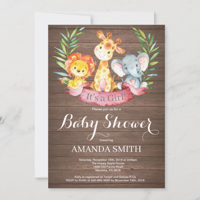 Rustik Safari Djungeldjur Pojke Baby Shower Inbjudningar (Framsida)