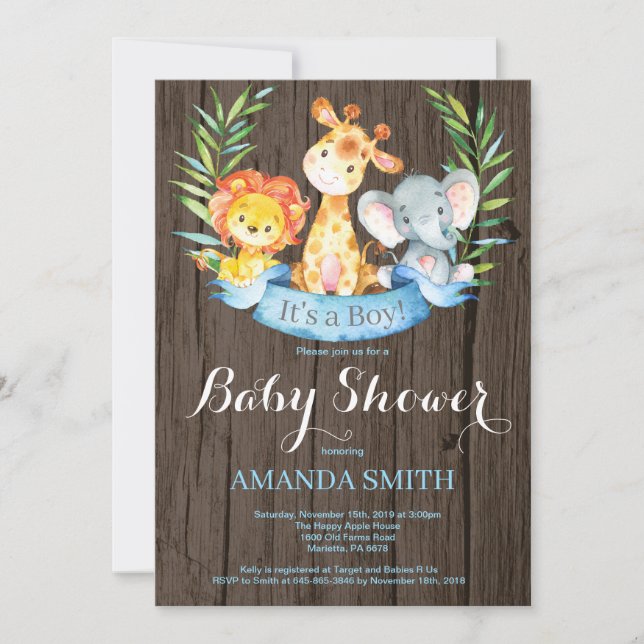 Rustik Safari Djungeldjur Pojke Baby Shower Inbjudningar (Framsida)