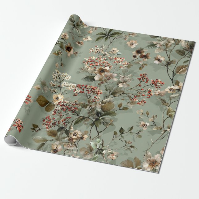 Rustik Sagegrön Botanisk Djärv Vintage Blommig Presentpapper (Utrullad)
