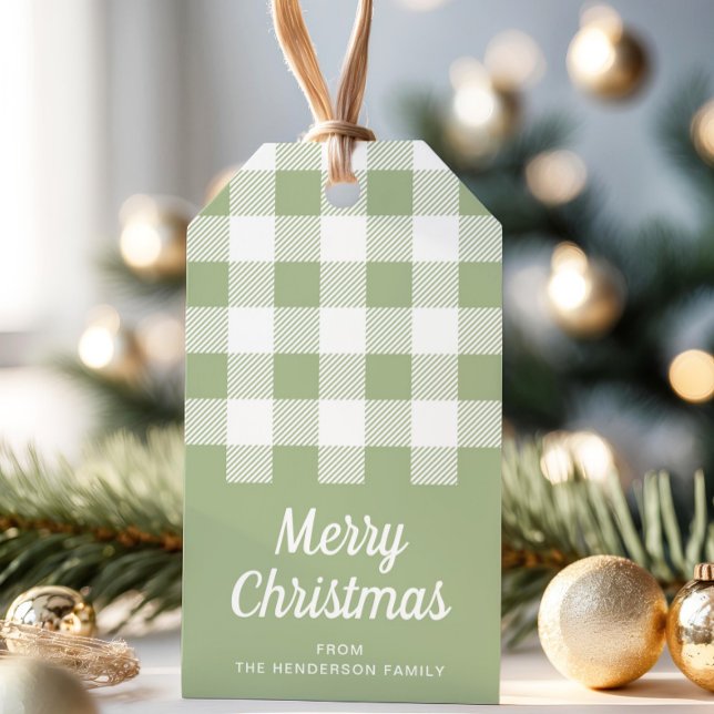 Rustik Saggrön Rutig God Jul Presentetikett (Rustic Sage Green Plaid Merry Christmas Gift Tags)
