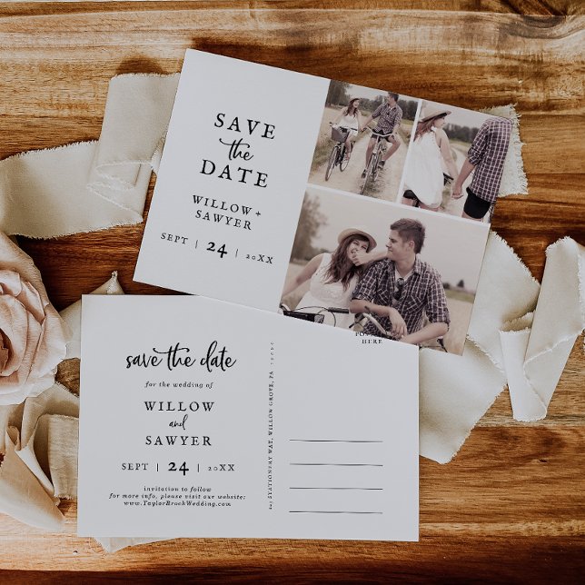 Rustik Script 3-fotokollage Spara datum Inbjudan Vykort (Skapare uppladdad)