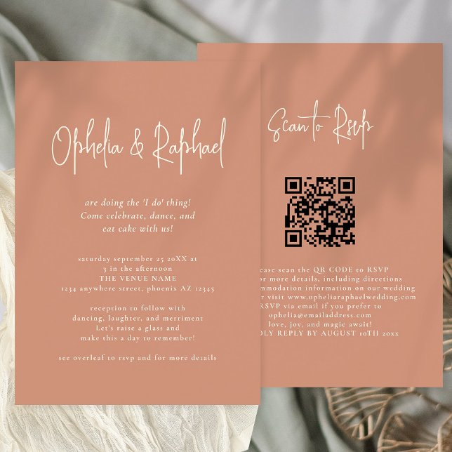 Rustik Script QR-kod Boho Terracotta bröllop Inbjudningar (Front and back view. Available digitally or printed.)