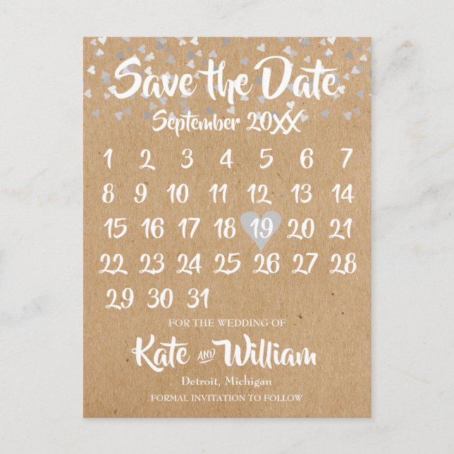 Rustik Silver Kärlek Hjärtkalender Spara Datum Meddelande Vykort (Framsida)