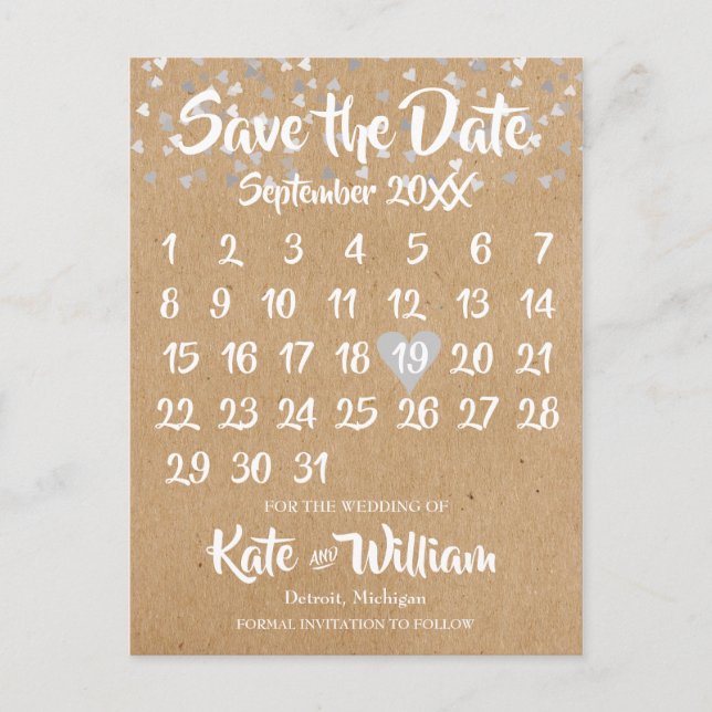 Rustik Silver Kärlek Hjärtkalender Spara Datumet Meddelande Vykort (Framsida)