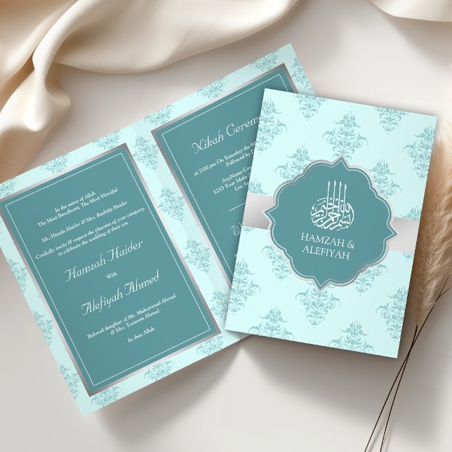 Rustik Silver Pastell Teal Damask Muslim Bröllop Inbjudan (Skapare uppladdad)