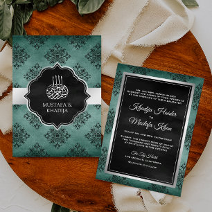 Rustik Silver Teal Svart Damask Muslimsk Bröllop Inbjudningar