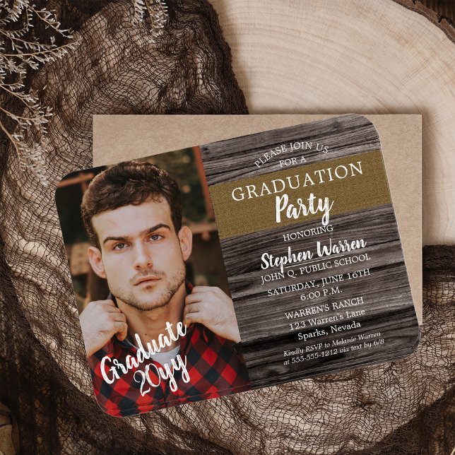 Rustik Skogig Fototexamensfest Magnet (Rustic Woodsy Photo High School Graduation Party Invitation - Print | Download)