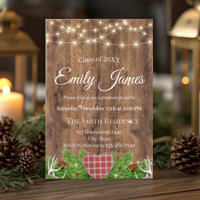 Rustik skogs examensfest inbjudan | Hjort (Rustic woodland graduation invitation with string lights, deer antlers and custom party details.)