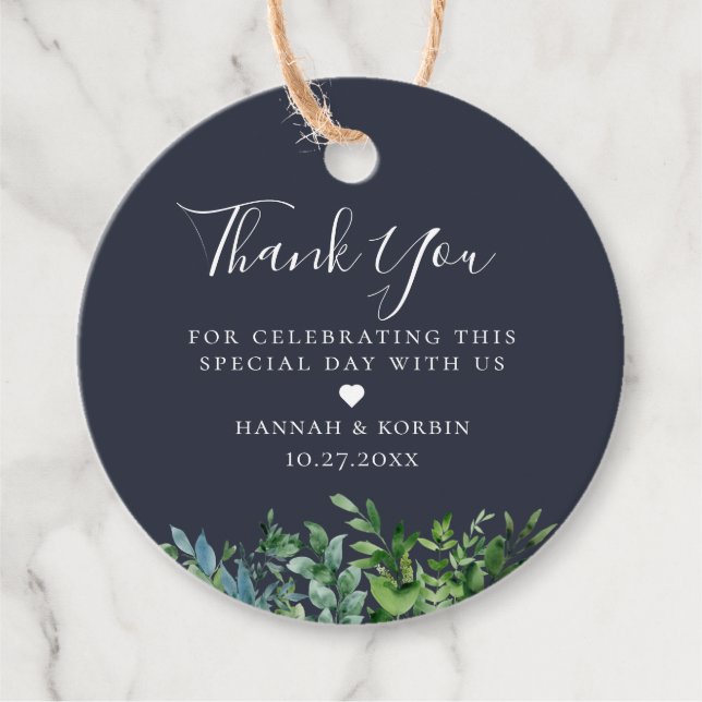 Rustik skogsfärgad marinblå bröllopsdekor gåvor etiketter (Framsida)