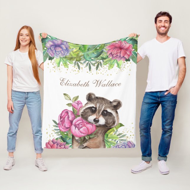 Rustik Skogslandsklipp med Söt Blommig Tvättbjörn Fleecefilt (På plats)