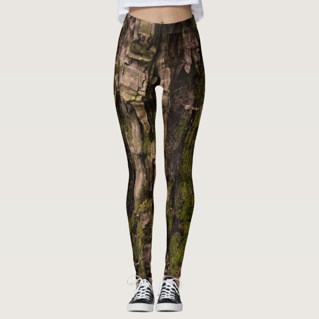 Rustik skogsmossig grön trädbark leggings (Framsida)