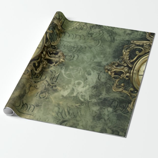 Rustik Smaragdgrön Antik Steampunk Presentpapper (Utrullad)