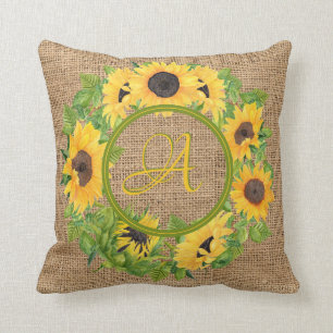 Rustik Solblommor Monogrammed Burlap Decor Kudde
