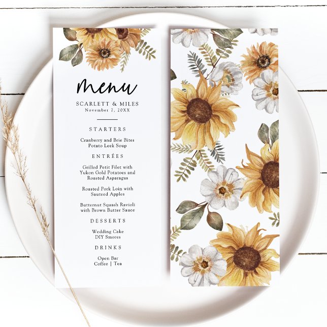 Rustik Solbröllopsmeny Meny (Rustic Watercolor Sunflower Floral Wedding Menu by Painted Paperie
)