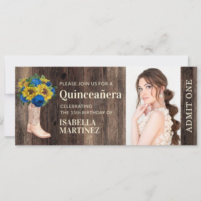 Rustik solros blå ros stövel Quinceañera-biljett Inbjudningar (Framsida)