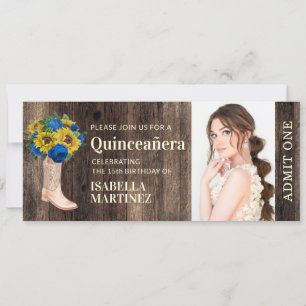 Rustik solros blå ros stövel Quinceañera-biljett Inbjudningar