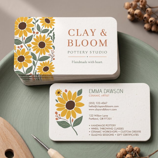 Rustik solros blomster personlig modern design visitkort (Simulated business cards on table)