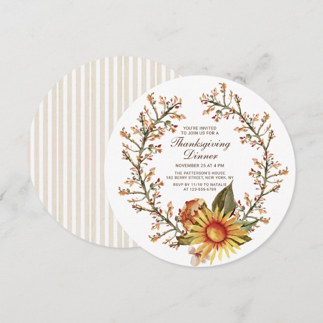Rustik solros blomsterkrans tackmiddagsmiddag inbjudningar (Fram/baksida)