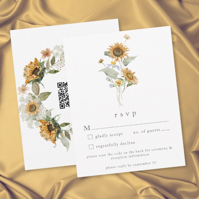 Rustik Solros Bröllop QR OSA Kort (Rustic Floral Sunflower Wildflower Wedding QR RSVP Card)