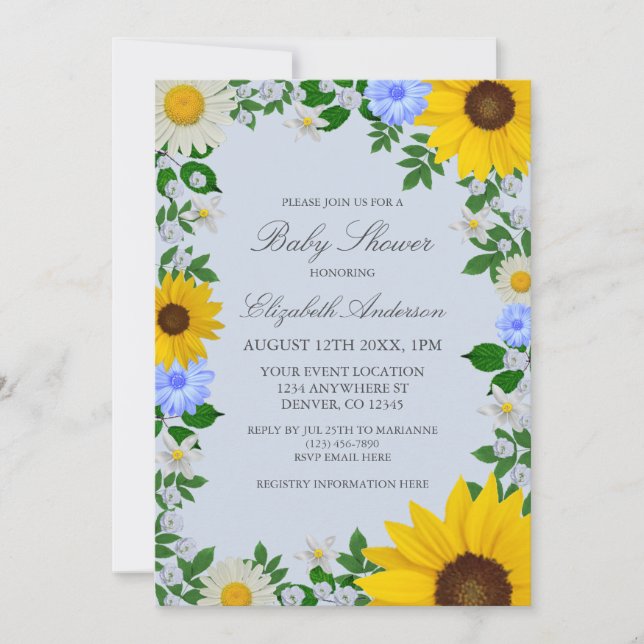 Rustik solros Daisy Blommig Baby Shower Inbjudningar (Framsida)